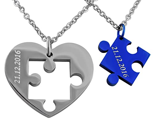 Hanessa 2 Stück Personalisierte Kette mit Gravur Edelstahl 50 cm mit Anhänger Herz Puzzle in silber blau - Personalisierte Geschenke für Damen Herren Freundin Freund - Partner Halskette für Sie Ihn von Hanessa