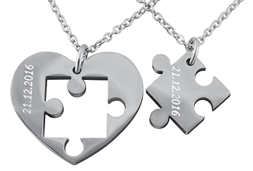 Hanessa 2 Stück Personalisierte Kette mit Gravur Edelstahl 50 cm mit Anhänger Herz Puzzle in silber - Personalisierte Geschenke für Damen Herren Freundin Freund - Partner Halskette für Sie und Ihn von Hanessa