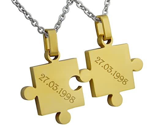 Hanessa 2 Stück Personalisierte Kette mit Gravur Edelstahl 50 cm mit Anhänger Puzzle Teil in gold - Personalisierte Geschenke für Damen Herren Freundin Freund - Partner Halskette für Sie und Ihn von Hanessa