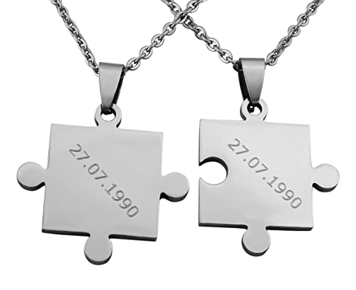 Hanessa 2 Stück Personalisierte Kette mit Gravur Edelstahl 50 cm mit Anhänger Puzzle Teil in silber - Personalisierte Geschenke für Damen Herren Freundin Freund - Partner Halskette für Sie und Ihn von Hanessa