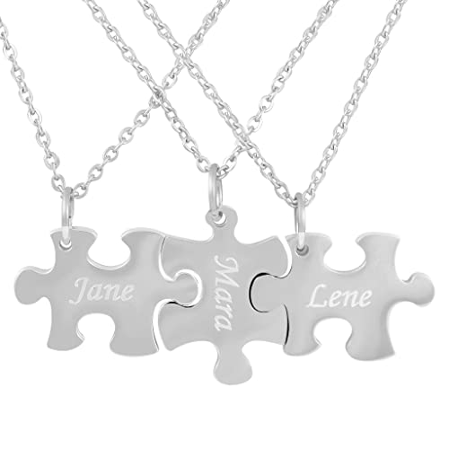 Hanessa 3 Stück Personalisierte Kette mit Gravur Edelstahl 60 cm mit Anhänger Puzzle Teil 3 Teile in silber - Personalisierte BFF Geschenke Freundin Freund Freundschaft - Halskette personalisiert von Hanessa