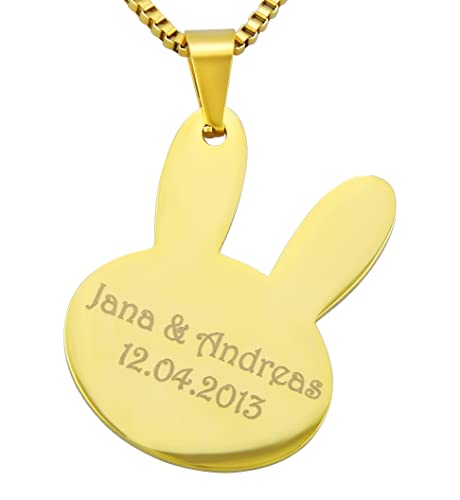 Hanessa Personalisierte Kette mit Gravur Edelstahl 50 cm mit Anhänger Hase Bunny in gold - Personalisierte Halskette für Männer und Frauen - Personalisierter Schmuck Damen Herren von Hanessa