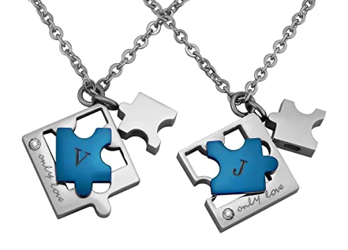 Hanessa 2 Stück Personalisierte Kette mit Gravur Edelstahl 50 cm mit Anhänger Puzzle Teil mit Strass-Stein in silber blau - Personalisierte Geschenke Damen Herren Freundin Freund - Partner Halskette von Hanessa