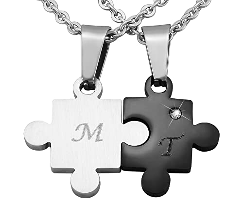 Hanessa Personalisierte Kette mit Gravur Edelstahl 50 cm mit Anhänger Herz Puzzle in silber schwarz - Personalisierte Halskette für Freundin oder Freund - Personalisierter Schmuck Freundschaft von Hanessa