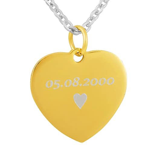 Hanessa Personalisierte Kette mit Gravur Edelstahl 50 cm mit Anhänger Herz mit Datum in gold - Personalisierte Halskette für Frauen - Personalisierter Schmuck Damen Kettenanhänger von Hanessa