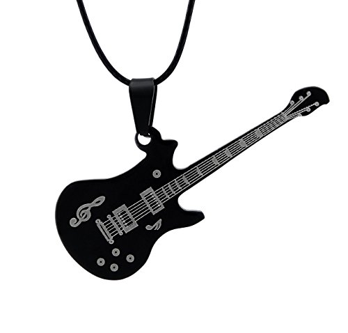 Hanessa Herren Damen-Schmuck Gitarre Schwarz Halskette Edelstahl Kunst-Leder Geschenk zu Weihnachten für Mann oder Frau / Freund oder Freundin Unisex von Hanessa