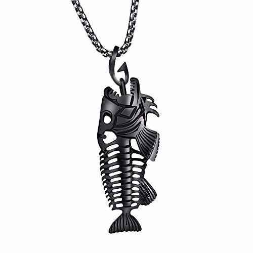 Hanessa Herren-Schmuck Edelstahl schwarze Hals-Kette Fisch-Knochen-Anhänger Fish-Bone Angler-Geschenk für den Ehe-Mann / Freund / Männer von Hanessa