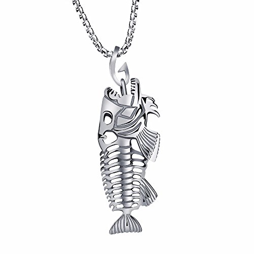 Hanessa Herren-Schmuck Edelstahl silberne Hals-Kette Fisch-Knochen-Anhänger Versilbert in Silber Fish-Bone Angler-Geschenk zu Weihnachten für den Ehe-Mann / Freund / Männer von Hanessa