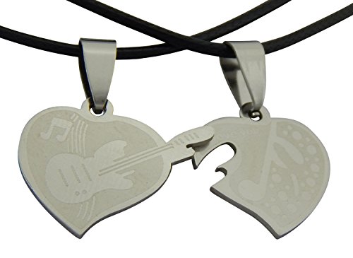 Hanessa PartnerSchmuck 2x Freundschafts-Halsketten für Paare Herz Musik-Freunde Gitarre Rock Edelstahl Geschenk zu Weihnachten für Mann oder Frau/Freund oder Freundin von Hanessa