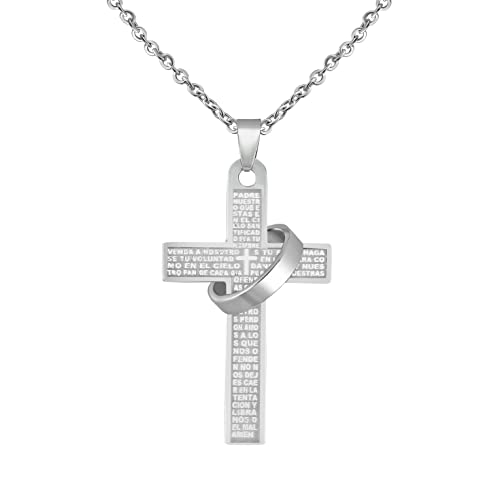 Hanessa Personalisierte Kette mit Gravur Edelstahl 45-60 cm - Kreuz mit Ring Vater unser (spanisch) in silber - Halskette für Männer und Frauen - Personalisierter Schmuck Damen Herren von Hanessa