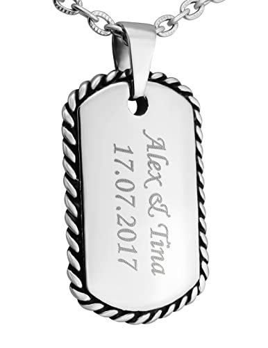 Hanessa Personalisierte Kette mit Gravur Edelstahl 50 cm mit Anhänger Dog Tag Erkennungsmarke in silber - Personalisierte Halskette für Männer und Frauen - Personalisierter Schmuck Damen Herren von Hanessa