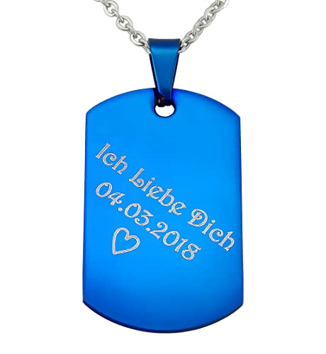 Hanessa Personalisierte Kette mit Gravur Edelstahl 50 cm mit Anhänger Dog Tag Erkennungsmarke in silber blau - Personalisierte Halskette für Männer und Frauen - Personalisierter Schmuck Damen Herren von Hanessa