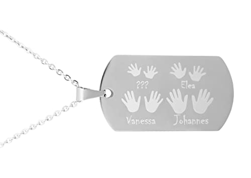 Hanessa Personalisierte Kette mit Gravur Edelstahl 50 cm mit Anhänger Dog Tag Handabdrücke zur Geburt in silber - Personalisierte Geschenke für Familie Mutter Vater Sohn Tochter - Halskette Paar von Hanessa