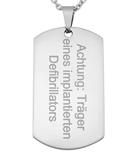 Hanessa Personalisierte Kette mit Gravur Edelstahl 50 cm mit Anhänger Dog Tag Implantierter Defibrilator in silber - Personalisierte Halskette Männer Frauen - Personalisierter Schmuck Damen Herren von Hanessa