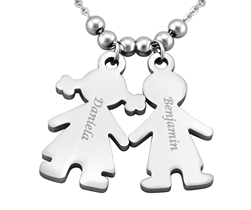 Hanessa Personalisierte Kette mit Gravur Edelstahl 50 cm mit Anhänger Junge und Mädchen Geschwister in silber - Personalisierte Geschenke für Kinder Damen Herren - Halskette Familienkette von Hanessa