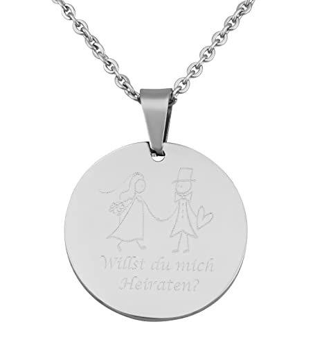 Hanessa Personalisierte Kette mit Gravur Edelstahl 50 cm mit Anhänger Willst du mich heiraten? rund in silber - Personalisierte Halskette für Freundin Freund - Personalisierter Schmuck Freundschaft von Hanessa