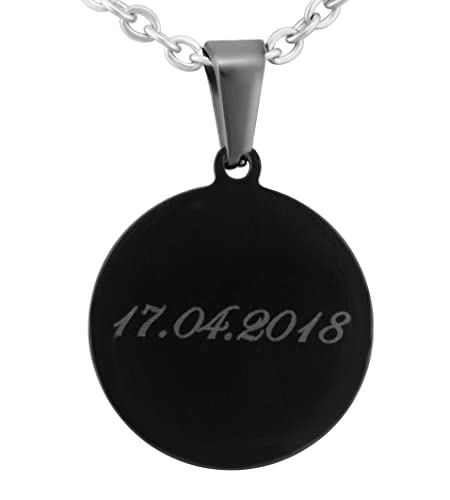 Hanessa Personalisierte Kette mit Gravur Edelstahl 50 cm mit Anhänger rund in schwarz - Personalisierte Halskette für Männer und Frauen - Personalisierter Schmuck Damen Herren von Hanessa