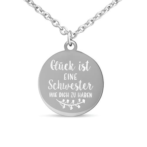 Hanessa Personalisierte Kette mit Gravur Edelstahl 50 cm mit Anhänger rund in silber - Glück ist es eine Schwester wie dich zu haben - Personalisierter Schmuck Damen von Hanessa