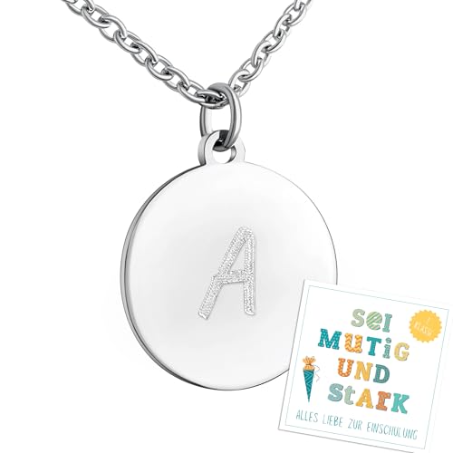 Hanessa Personalisierte Kette mit Gravur Edelstahl 50 cm mit Anhänger rund in silber - Personalisierte Halskette zur Einschulung- Personalisierter Schmuck Kinder von Hanessa