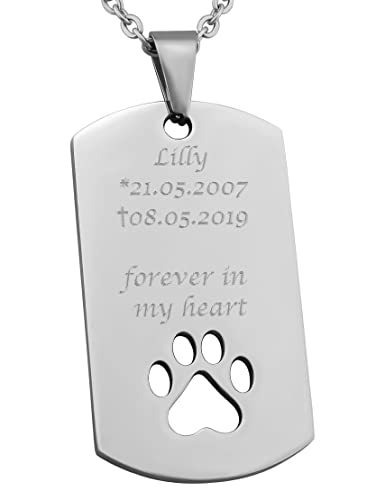 Hanessa Personalisierte Kette mit Gravur Edelstahl 53 cm mit Anhänger Dog Tag Pfote in silber - Personalisierte Geschenke für Tierbesitzer Damen Herren - Halskette Kettenanhänger Hund von Hanessa