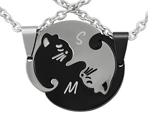 Hanessa Personalisierte Kette mit Gravur Edelstahl 55 cm mit Anhänger Katzen mit Initialien in schwarz Silber - Halskette mit Katze für beste Freundinnen - Personalisierter Schmuck Damen Mädchen von Hanessa