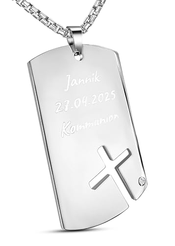 Hanessa Personalisierte Kette mit Gravur Edelstahl 60 cm mit Anhänger Dog Tag Kreuz in silber - Personalisierte Halskette für Männer und Frauen - Personalisierter Schmuck Damen Herren Hanessa Personalisierte Kette mit Gravur Edelstahl 60 cm mit Anhänger Dog Tag Kreuz in silber - Personalisierte Halskette für Männer und Frauen - Personalisierter Schmuck Damen Herren von Hanessa