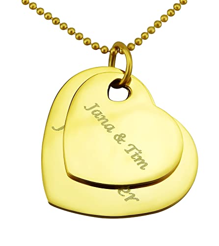 Hanessa Personalisierte Kette mit Gravur Edelstahl 60 cm mit Anhänger Herz bzw. 2 Herzen in gold - Personalisierte Halskette für Frauen - Personalisierter Schmuck Damen Kettenanhänger Hanessa Personalisierte Kette mit Gravur Edelstahl 60 cm mit Anhänger Herz bzw. 2 Herzen in gold - Personalisierte Halskette für Frauen - Personalisierter Schmuck Damen Kettenanhänger von Hanessa