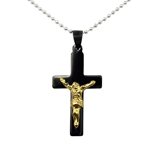 Hanessa Personalisierte Kette mit Gravur Edelstahl 60 cm mit Anhänger Kreuz mit Jesus in schwarz/gold - Personalisierte Halskette für Männer und Frauen - Personalisierter Schmuck Damen Herren von Hanessa