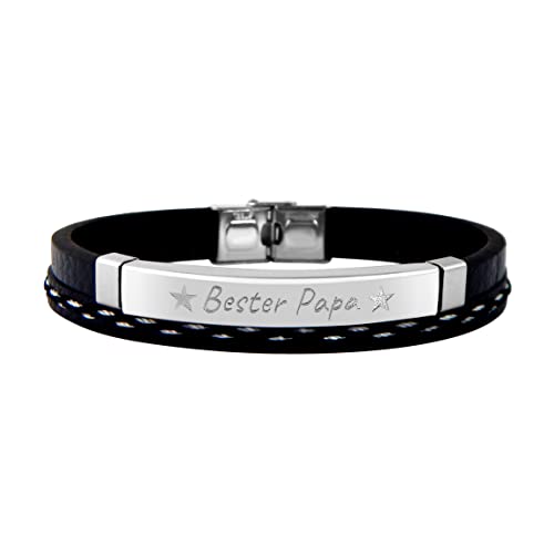 Hanessa Personalisiertes Armband Leder mit Gravur Edelstahl in schwarz/silber Länge 21 cm - Personalisiertes Armband für Männer - Personalisierter Schmuck Herren von Hanessa