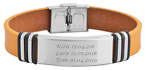 Hanessa Personalisiertes Armband mit Gravur für Männer und Frauen Edelstahl Leder braun Länge 22 cm | Personalisierte Armbänder mit Namen Herren Damen von Hanessa