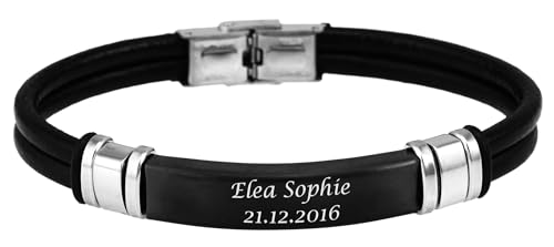 Hanessa Personalisiertes Armband mit Gravur für Männer und Frauen Edelstahl Leder schwarz Länge 21 cm | Personalisierte Armbänder mit Namen Herren Damen von Hanessa