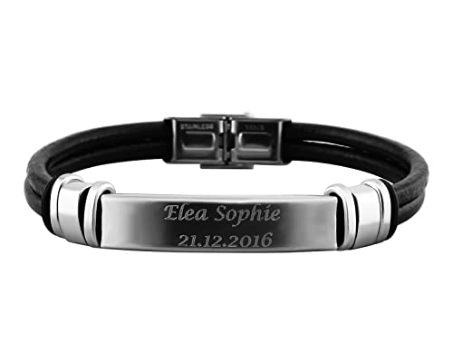 Hanessa Personalisiertes Armband mit Gravur für Männer und Frauen Edelstahl Leder schwarz Länge 21 cm | Personalisierte Armbänder mit Namen Herren Damen von Hanessa