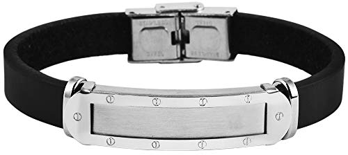 Hanessa Personalisiertes Armband mit Gravur für Männer und Frauen Edelstahl Leder schwarz silber Länge 20 cm | Personalisierte Armbänder mit Namen Herren Damen von Hanessa