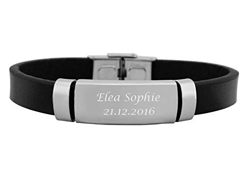 Hanessa Personalisiertes Armband mit Gravur für Männer und Frauen Edelstahl Leder schwarz silber Länge 21 cm | Personalisierte Armbänder mit Namen Herren Damen von Hanessa