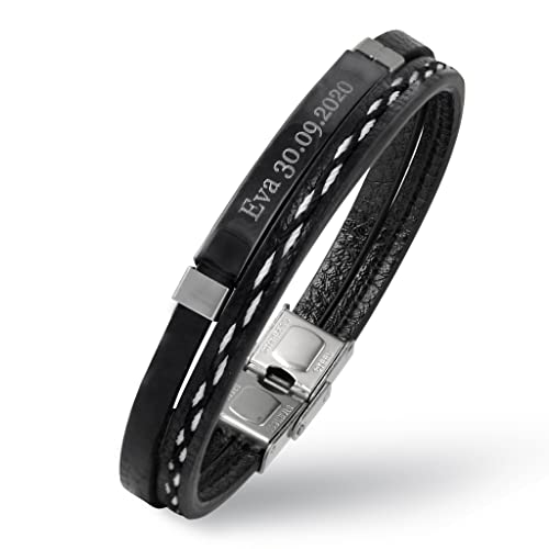 Hanessa Personalisiertes Armband mit Gravur für Männer und Frauen Edelstahl Leder schwarz weiß schwarz Länge 21 cm | Personalisierte Armbänder mit Namen Herren Damen von Hanessa