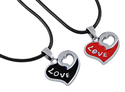 Hanessa Schmuck Partner-Kette 2x Kunst-Leder Halsketten Silber Herz Anhänger Rot & Schwarz Love Liebe Geschenk zu Weihnachten für Freund o. Freundin/Mann o. Frau/Damen Herren von Hanessa