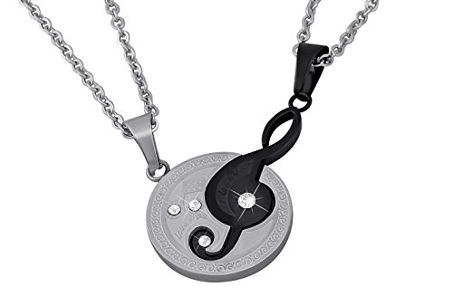 Hanessa Schmuck für Herren und Damen Partner-kette Hals-Kette Noten-Violine-Schlüssel-Anhänger Edelstahl mit Strass-Steine in Silber/Schwarz I Love You Geschenk zu Weihnachten für Ehe-Mann und Ehe-Frau von Hanessa