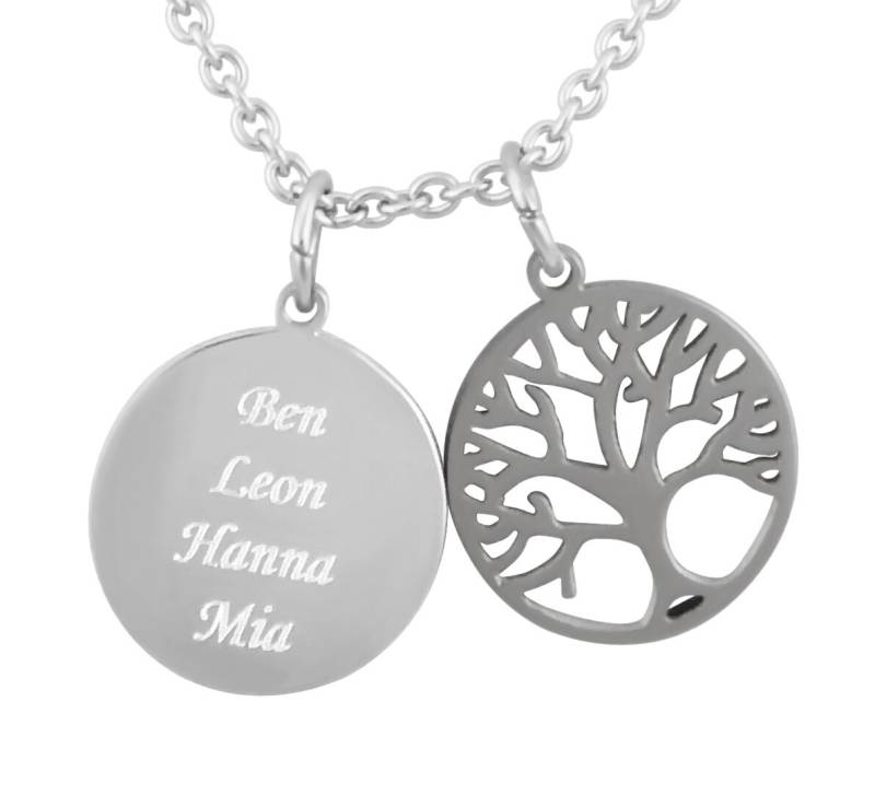 Personalisierte Kette Mit Gravur Runder Anhänger Und Lebensbaum Edelstahl in Silber Personalisierte Geschenke von HanessaDE