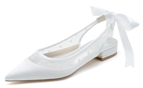 Hanfike Abend Damen Flache Schuhe Slingback Brautschuhe Spitz Hochzeits Flacheschuhe mit Schleif JY278 Weiß EU 42 von Hanfike