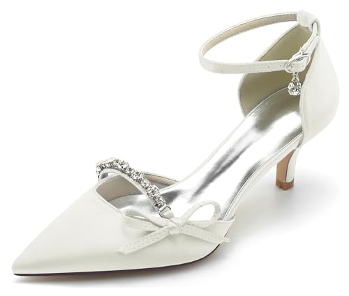 Hanfike Abend Kleid Schuhe fur Damen Spitz Bequem Niedriger Absatz Braut Hochzeits Pumps mit Knoten JY044 Elfenbein EU 37 von Hanfike