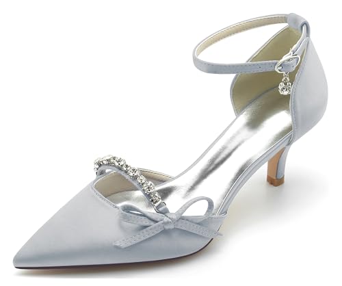Hanfike Abend Kleid Schuhe fur Damen Spitz Bequem Niedriger Absatz Braut Hochzeits Pumps mit Knoten JY044 Silber EU 39 von Hanfike
