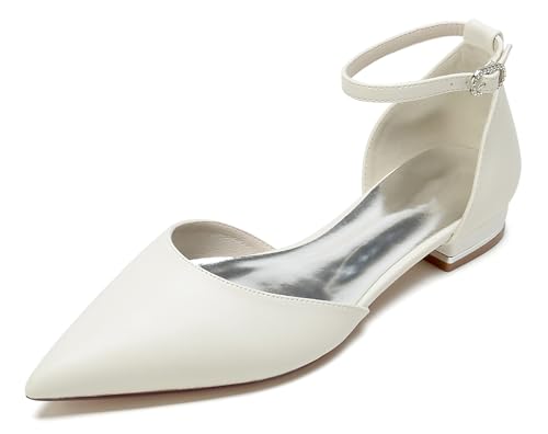 Hanfike Abend Pumps Flache Schuhe Damen Fesselriemen Brautschuhe Spitz Hochzeits Prom Kleidschuhe JY318 Elfenbein EU 37.5 von Hanfike