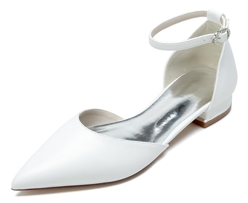 Hanfike Abend Pumps Flache Schuhe Damen Fesselriemen Brautschuhe Spitz Hochzeits Prom Kleidschuhe JY318 Weiß EU 37 von Hanfike