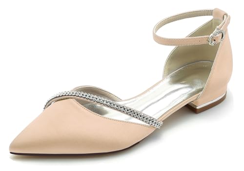 Hanfike Bequem Hochzeits Schuhe Damen Riemchen Brautschuhe Spitz Abend Flache Pumps mit Strass JY283 Champagner EU 40 von Hanfike