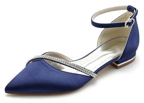 Hanfike Bequem Hochzeits Schuhe Damen Riemchen Brautschuhe Spitz Abend Flache Pumps mit Strass JY283 Dunkel blau EU 42 von Hanfike