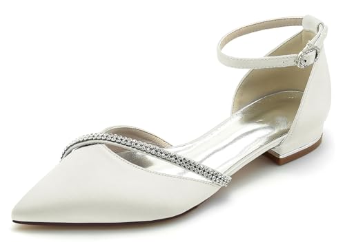 Hanfike Bequem Hochzeits Schuhe Damen Riemchen Brautschuhe Spitz Abend Flache Pumps mit Strass JY283 Elfenbein EU 41 von Hanfike