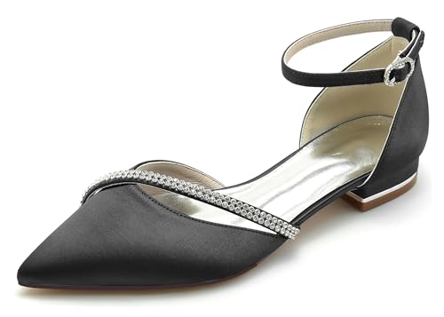 Hanfike Bequem Hochzeits Schuhe Damen Riemchen Brautschuhe Spitz Abend Flache Pumps mit Strass JY283 Schwarz EU 42 von Hanfike