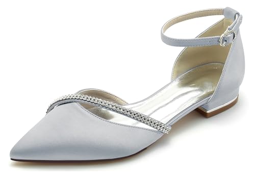 Hanfike Bequem Hochzeits Schuhe Damen Riemchen Brautschuhe Spitz Abend Flache Pumps mit Strass JY283 Silber EU 40 von Hanfike