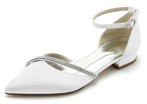 Hanfike Bequem Hochzeits Schuhe Damen Riemchen Brautschuhe Spitz Abend Flache Pumps mit Strass JY283 Weiß EU 39 von Hanfike