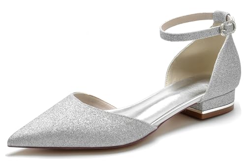 Hanfike Braut Hochzeits Flacheschuhe fur Damen Glitzer Abendschuhe Komfort Party Prom Flache Schuhe JY246 Silber EU 40.5 von Hanfike